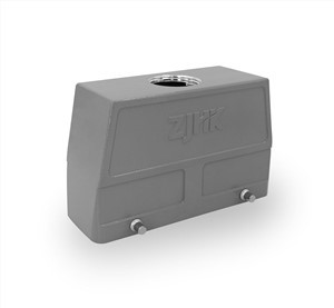 Kfz-Steckverbinder mit Metallhaube und hoher Struktur und oberem Eingang